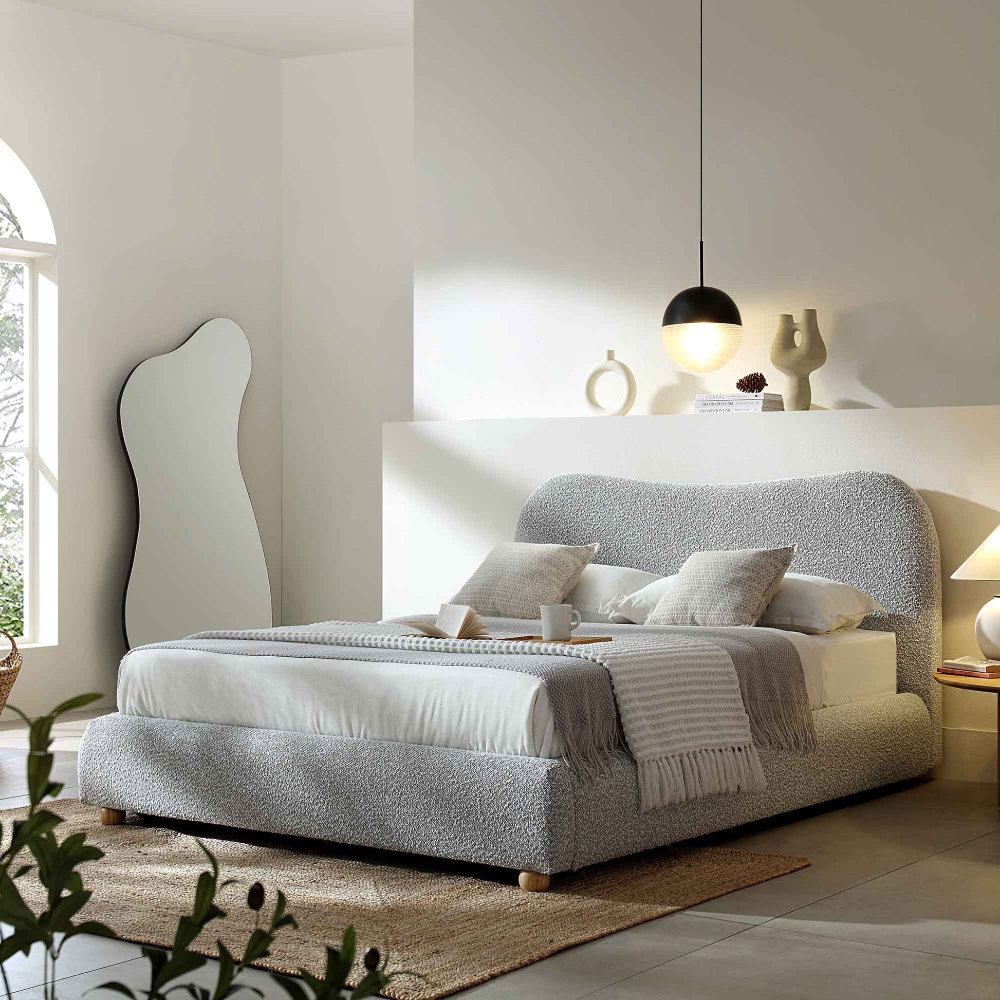 Egerie Curved Headboard Mist Grey Boucle Ottoman Bed with Storage