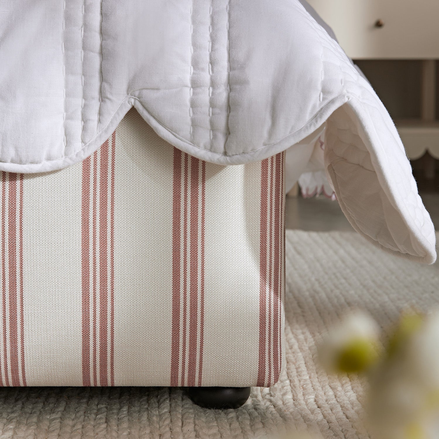 Celeste Upholstered Bed with Storage with Ruffled Headboard, Peony Red Stripe