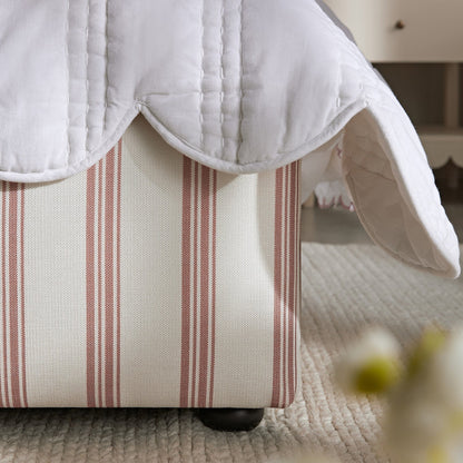Celeste Upholstered Bed with Storage with Ruffled Headboard, Peony Red Stripe