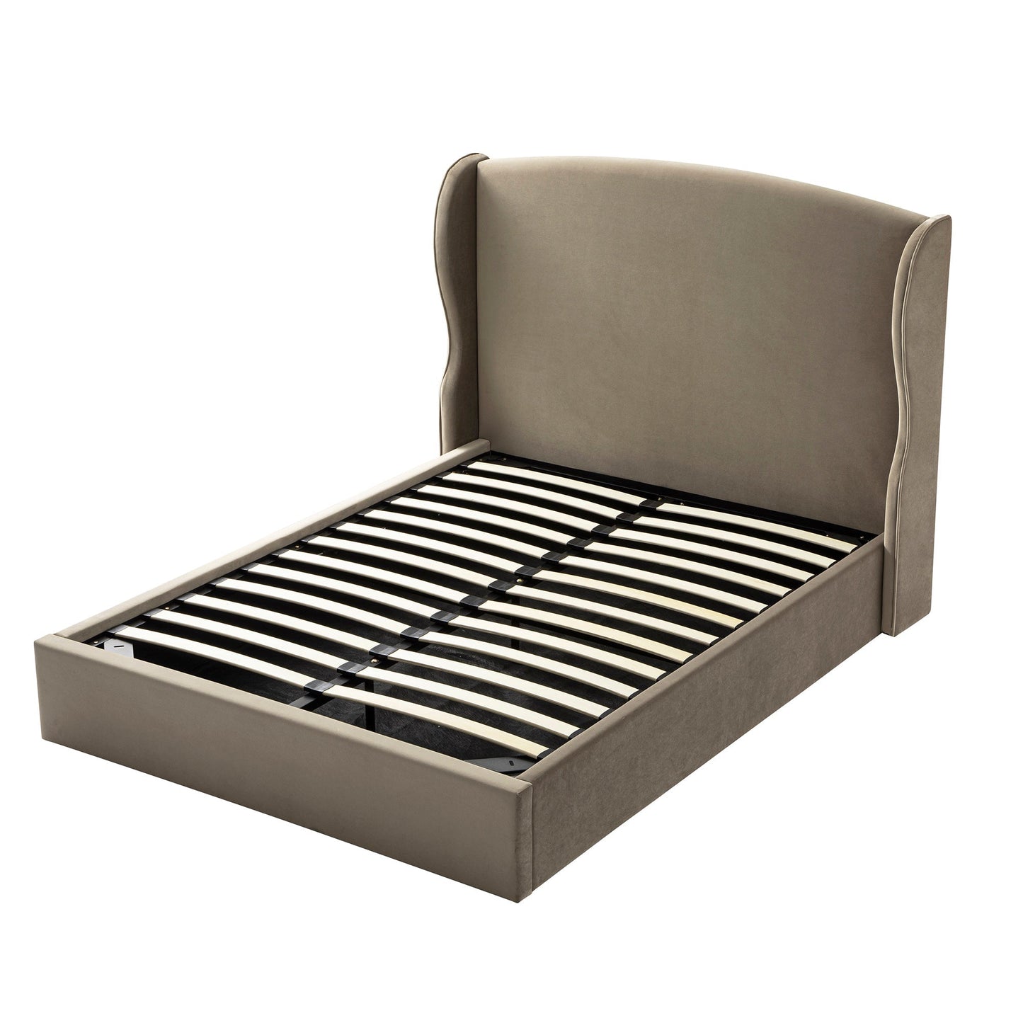 Kimberly Winged Upholstered Bed with Storage, Taupe Velvet