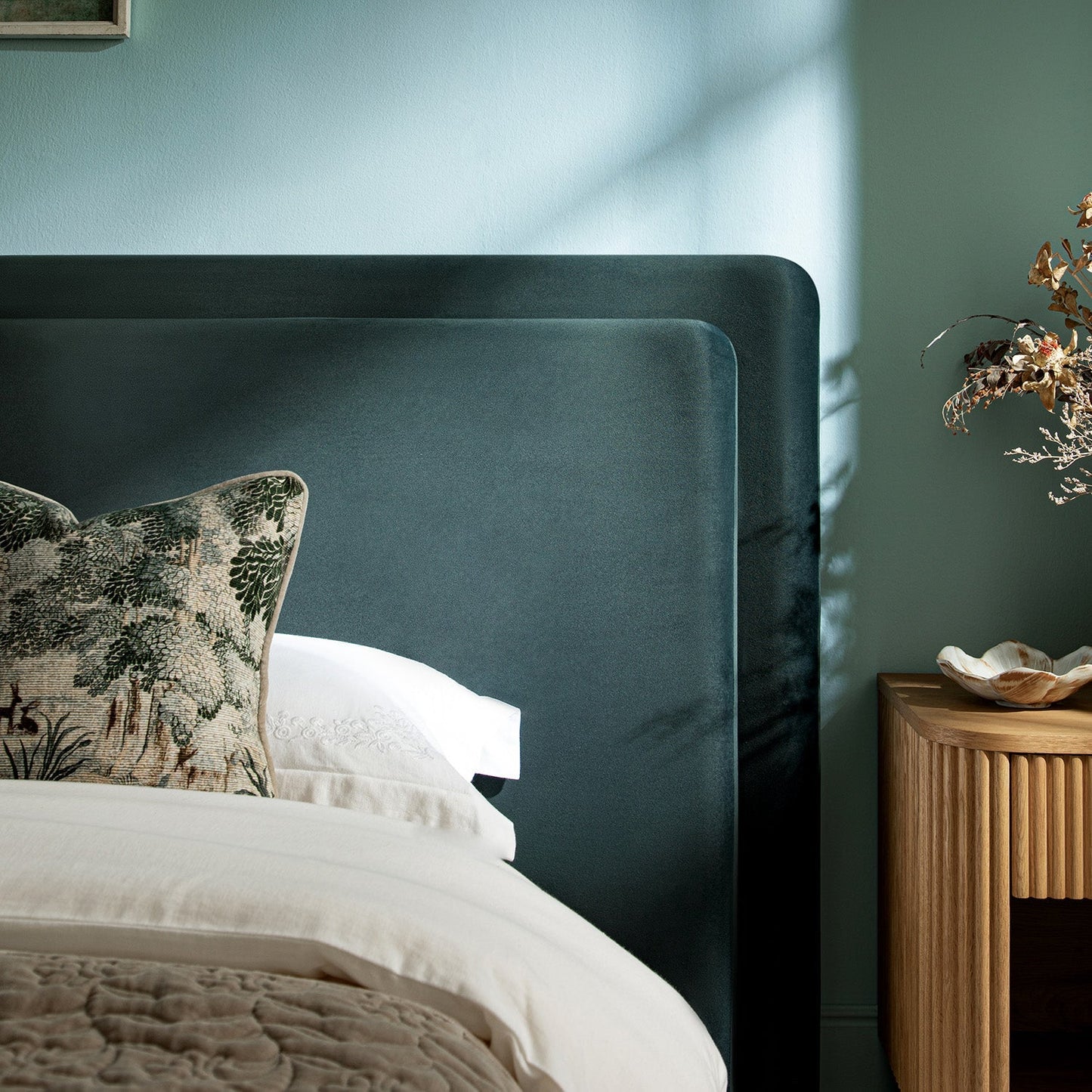 Jolene Layered Wingback Bed with Storage, Aegean Blue Velvet