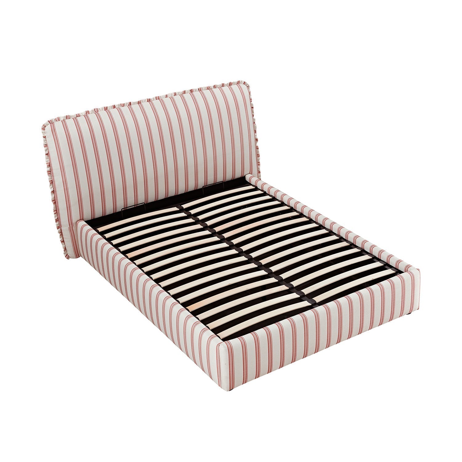 Celeste Upholstered Bed with Storage with Ruffled Headboard, Peony Red Stripe