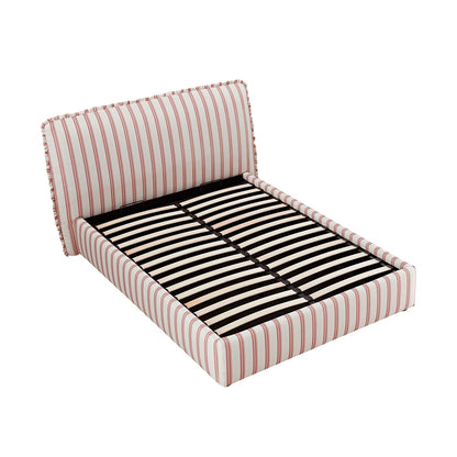 Celeste Upholstered Bed with Storage with Ruffled Headboard, Peony Red Stripe
