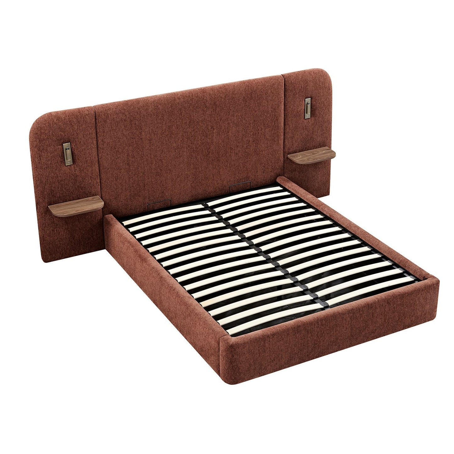 Della Extended Headboard Bed with Storage, Burnt Brick Chenille