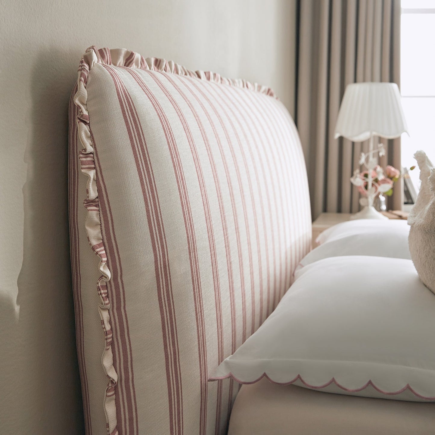 Celeste Upholstered Bed with Storage with Ruffled Headboard, Peony Red Stripe