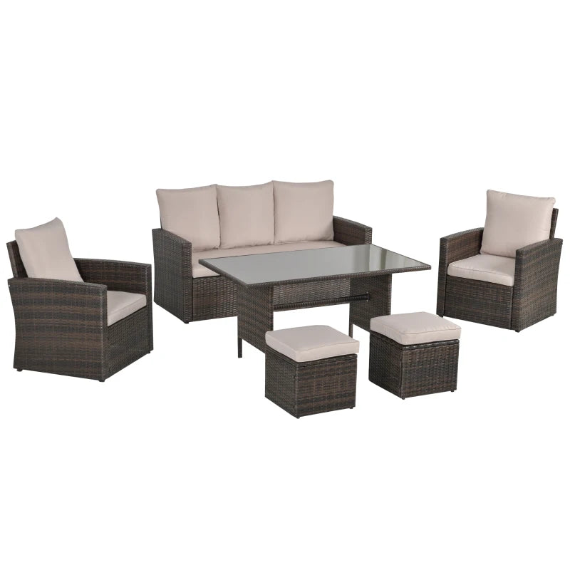 Outsunny Six-Piece Rattan Outdoor Sofa Set, with Glass-Top Table - Mixed Brown