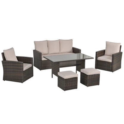 Outsunny Six-Piece Rattan Outdoor Sofa Set, with Glass-Top Table - Mixed Brown