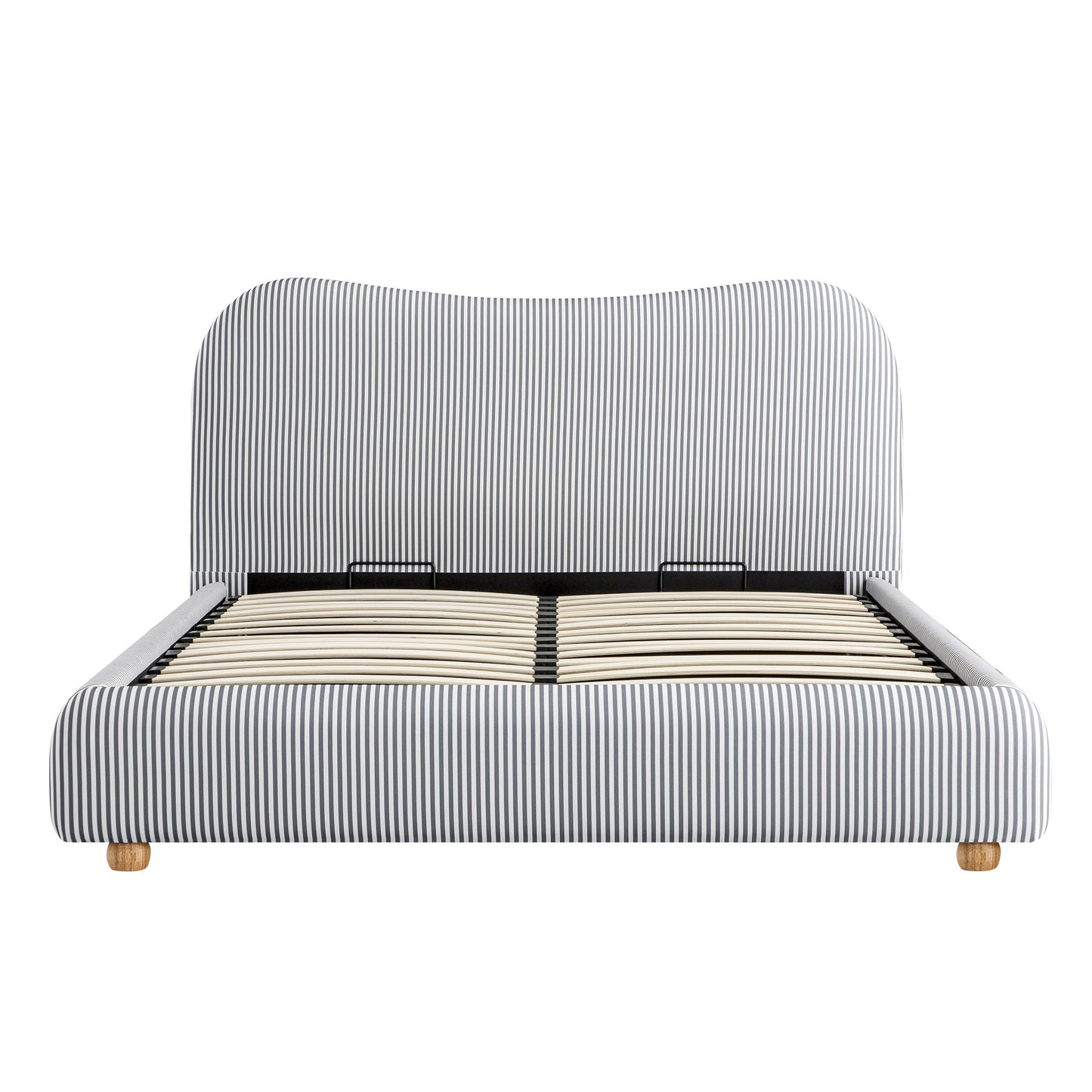 Egerie Curved Headboard Slate Blue Striped Fabric Ottoman Bed with Storage