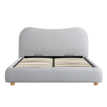 Egerie Curved Headboard Slate Blue Striped Fabric Ottoman Bed with Storage