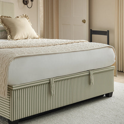 Chilworth Upholstered Ottoman Bed with Storage, Green Stripe Linen Blend