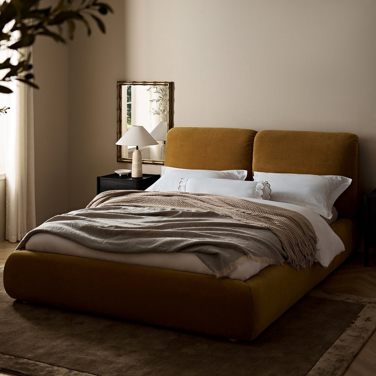 Thera Pillow Headboard Upholstered Bed, Burnt Ochre Chenille
