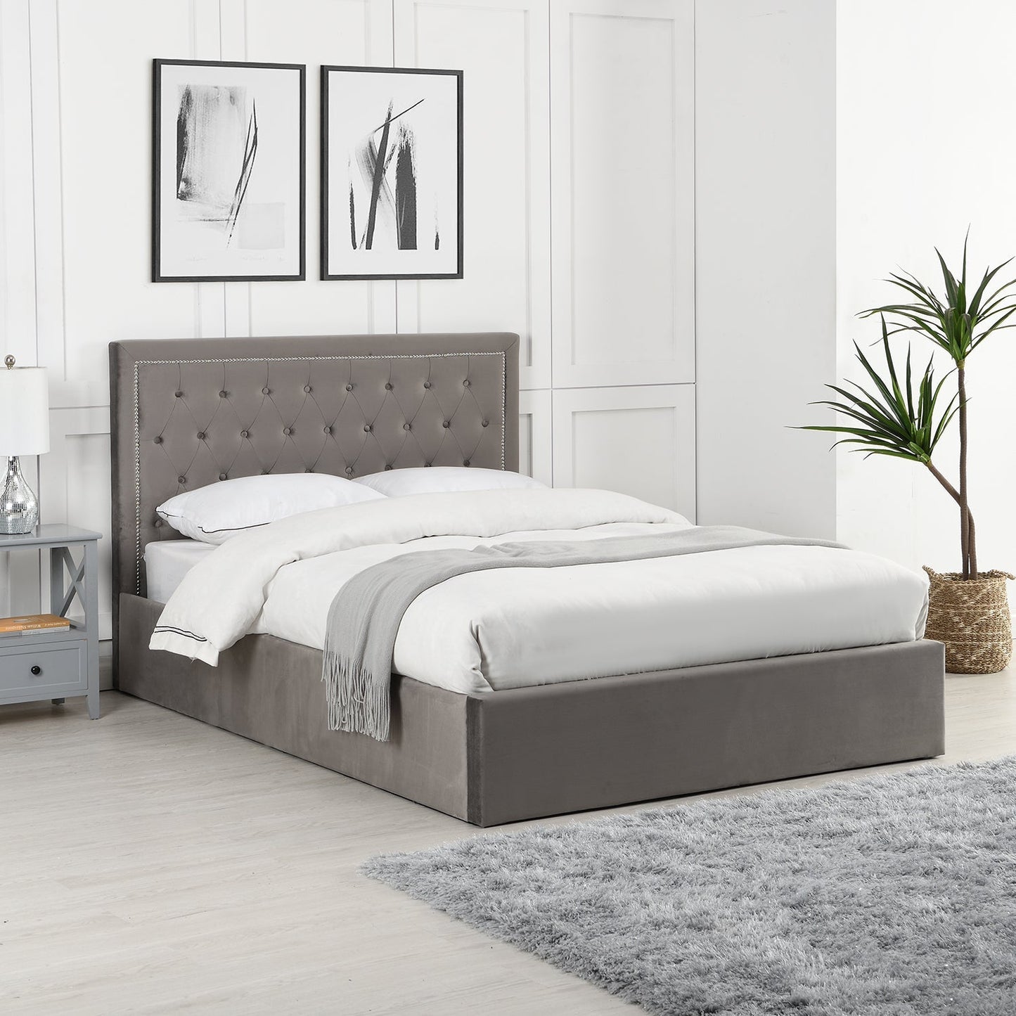 Hartwell Upholstered Ottoman Bed with Storage with Deeply Buttoned Headboard (Grey Velvet)