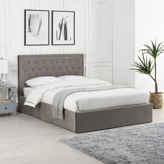 Hartwell Upholstered Ottoman Bed with Storage with Deeply Buttoned Headboard (Grey Velvet)
