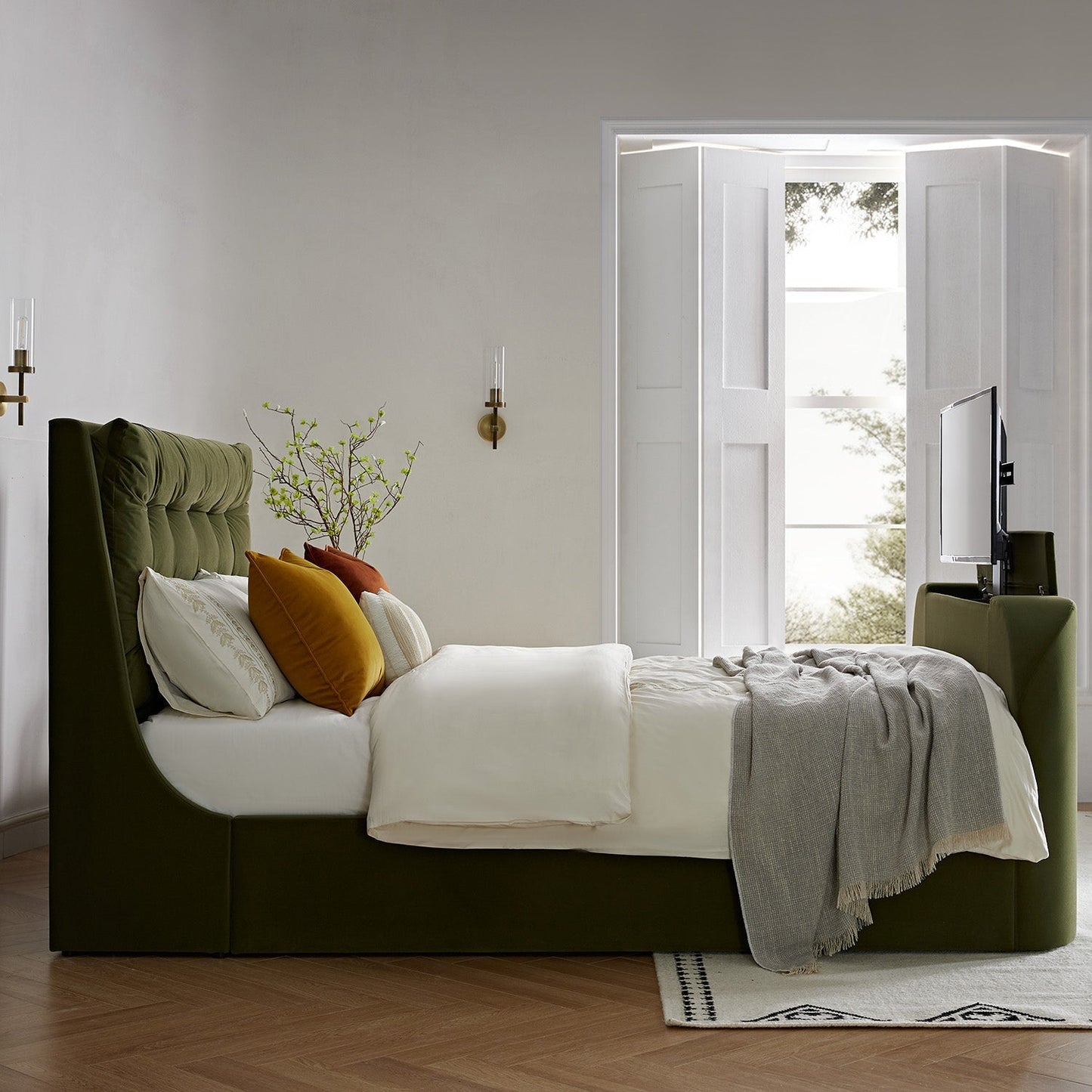 Hadley Moss Green Velvet TV Bed with Ottoman Storage