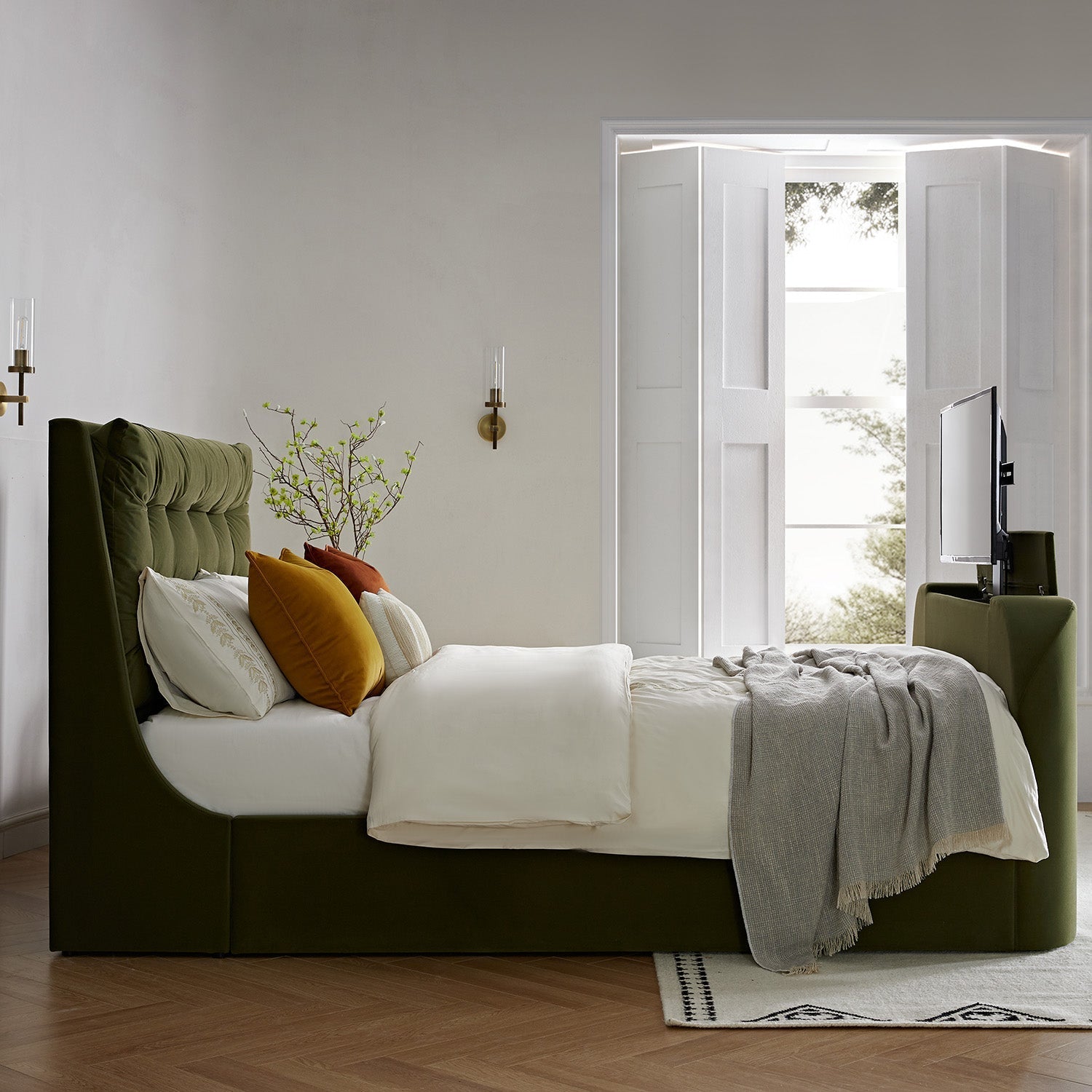Hadley Moss Green Velvet TV Bed with Ottoman Storage