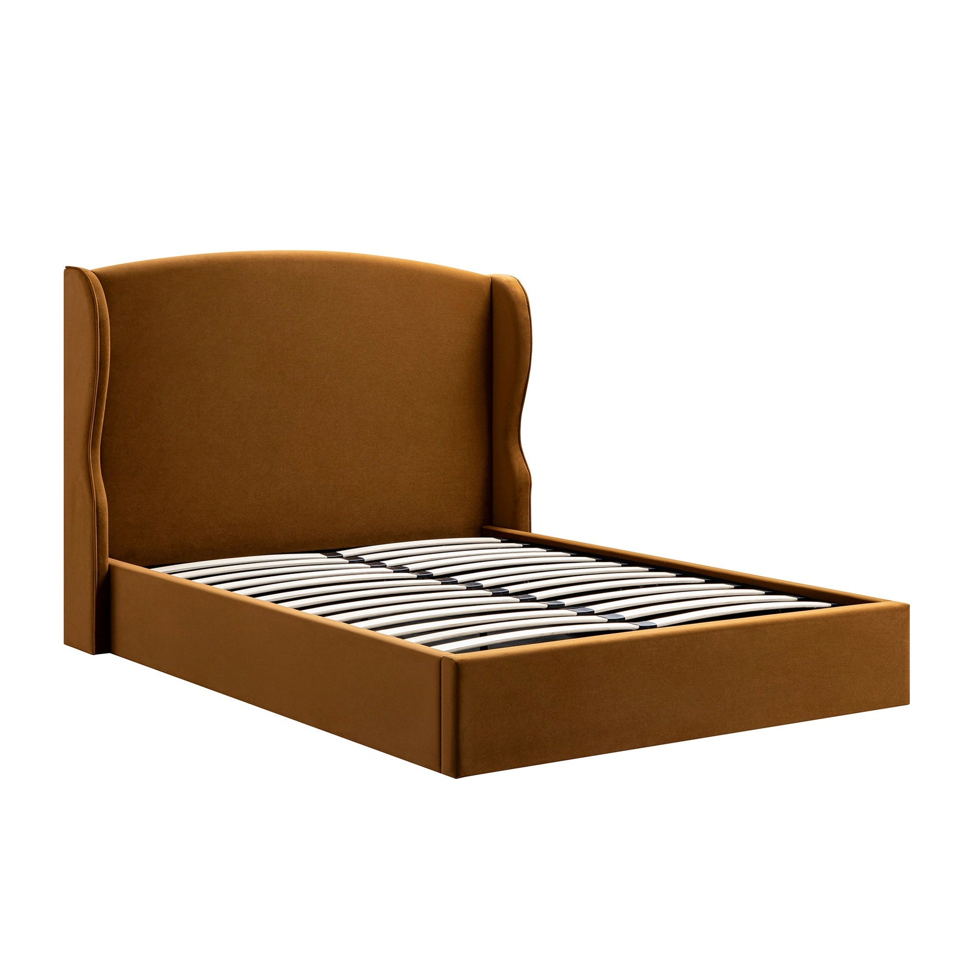 Kimberly Winged Upholstered Bed with Storage, Cinnamon Velvet