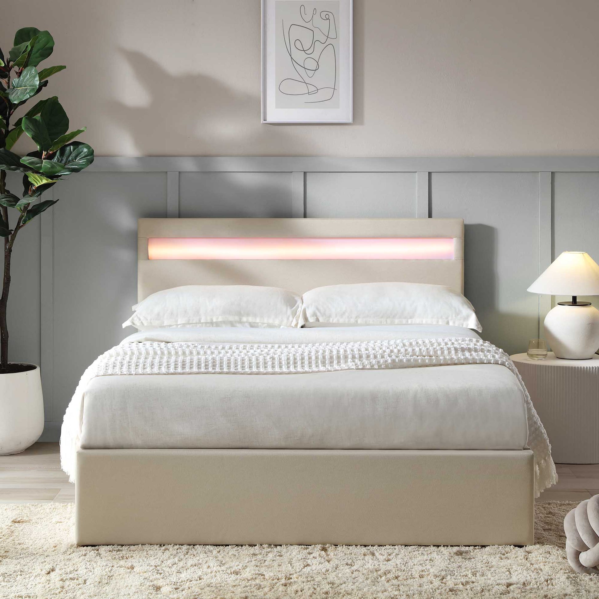 Pimlico End Opening Ottoman Bed with Storage Frame with Multi-colour LED Headboard (Beige Fabric)