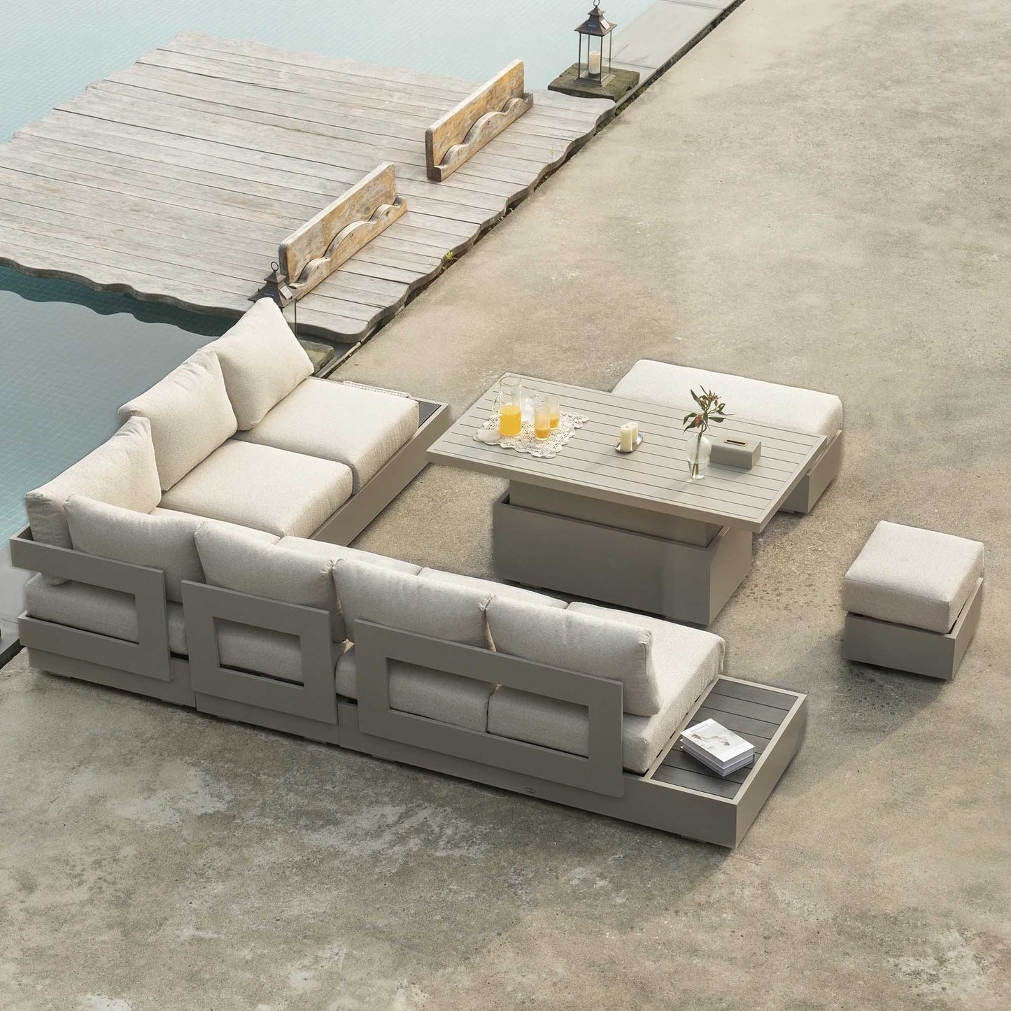 Jardin Aluminium Large Corner Casual Garden Dining Set with Rising Table, Pumice