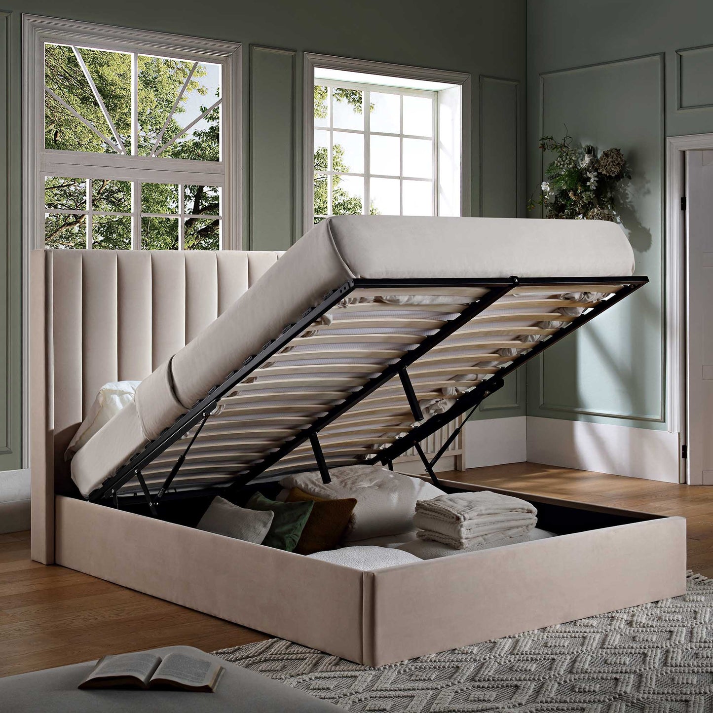 Wilton Champagne Velvet Ottoman Bed with Storage