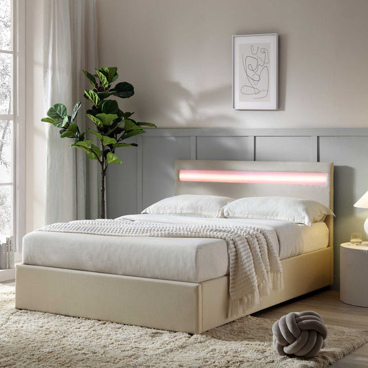 Pimlico End Opening Ottoman Bed with Storage Frame with Multi-colour LED Headboard (Beige Fabric)