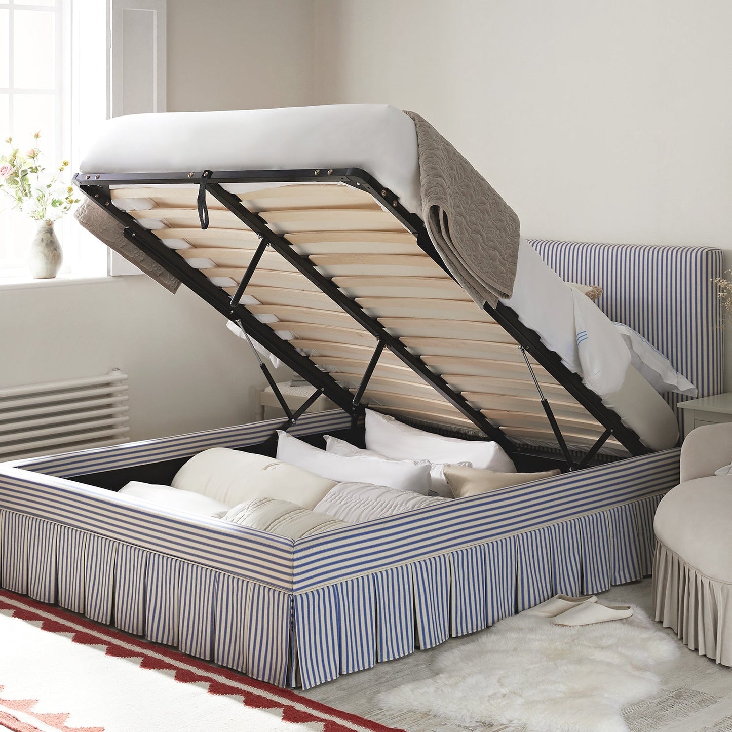 Egerton Box-Pleat Ottoman Bed with Storage, Blue Striped Linen