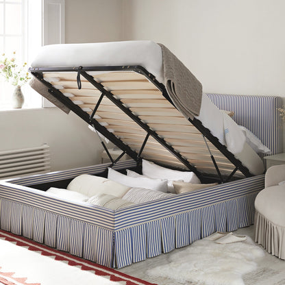 Egerton Box-Pleat Ottoman Bed with Storage, Blue Striped Linen