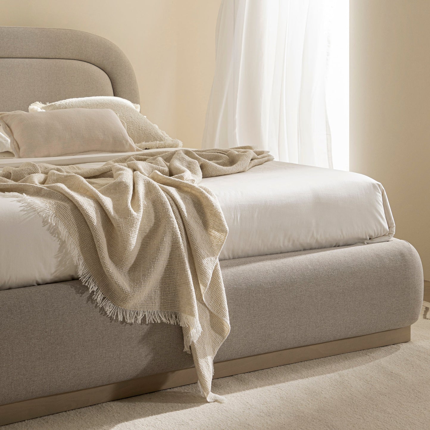Luella Upholstered Wooden Plinth Base Bed with Storage, Sand Fabric