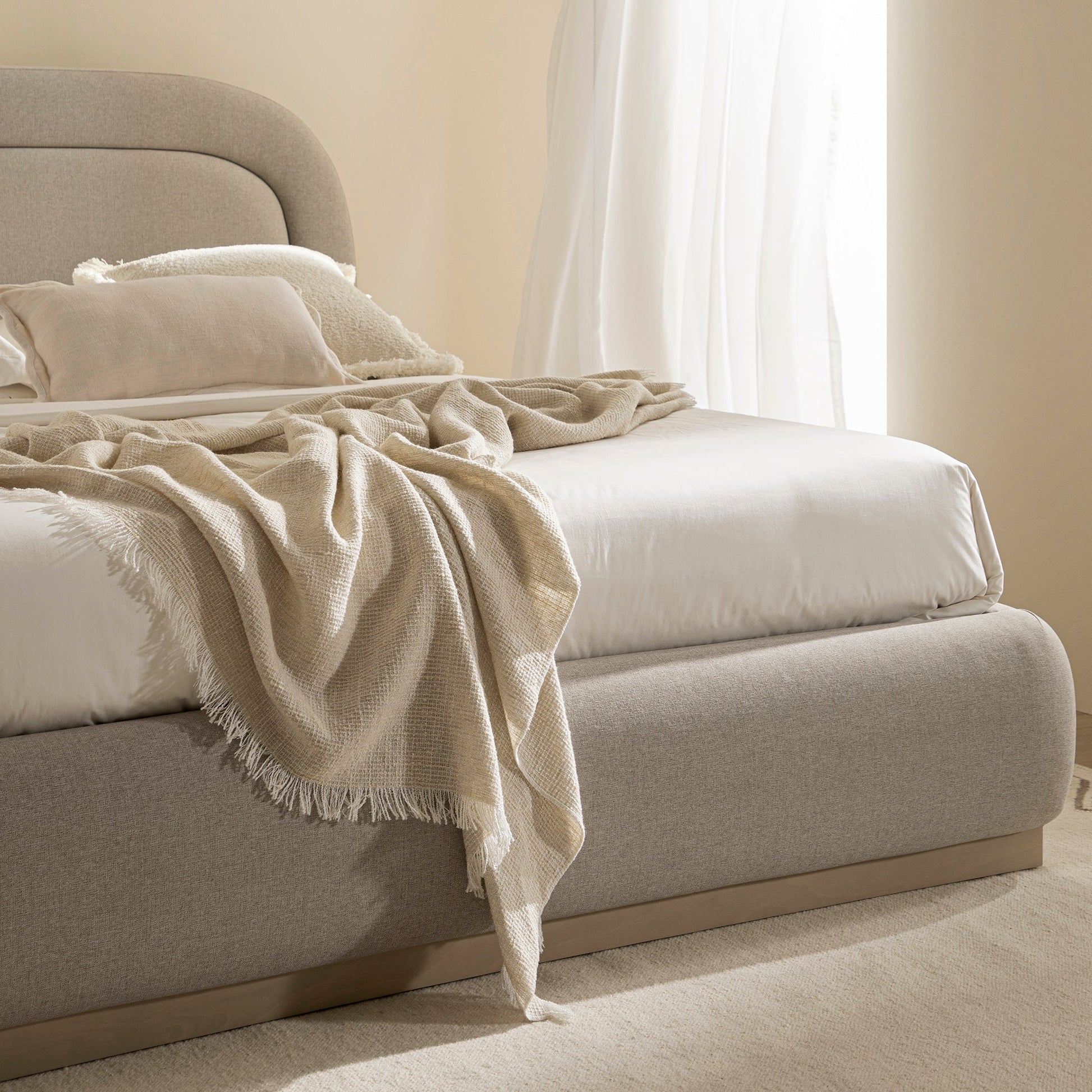 Luella Upholstered Wooden Plinth Base Bed with Storage, Sand Fabric