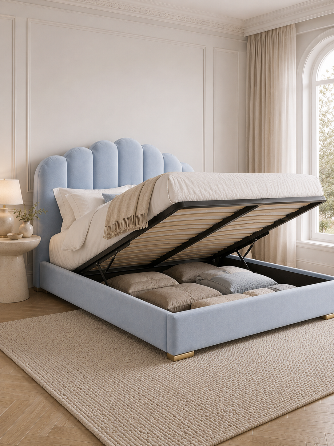 Luna Scalloped Shell Velvet Ottoman Storage Bed – Powder Blue with the gas-lift base raised, showing the under-bed storage