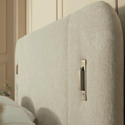 Della Extended Headboard Bed with Storage, Soft Beige Chenille