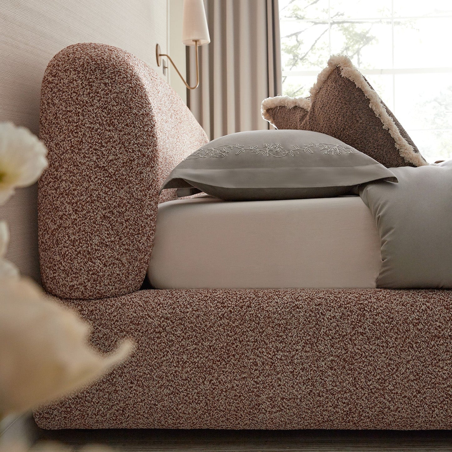 Constance Winged Headboard Ottoman Bed with Storage, Musk Blush Boucle