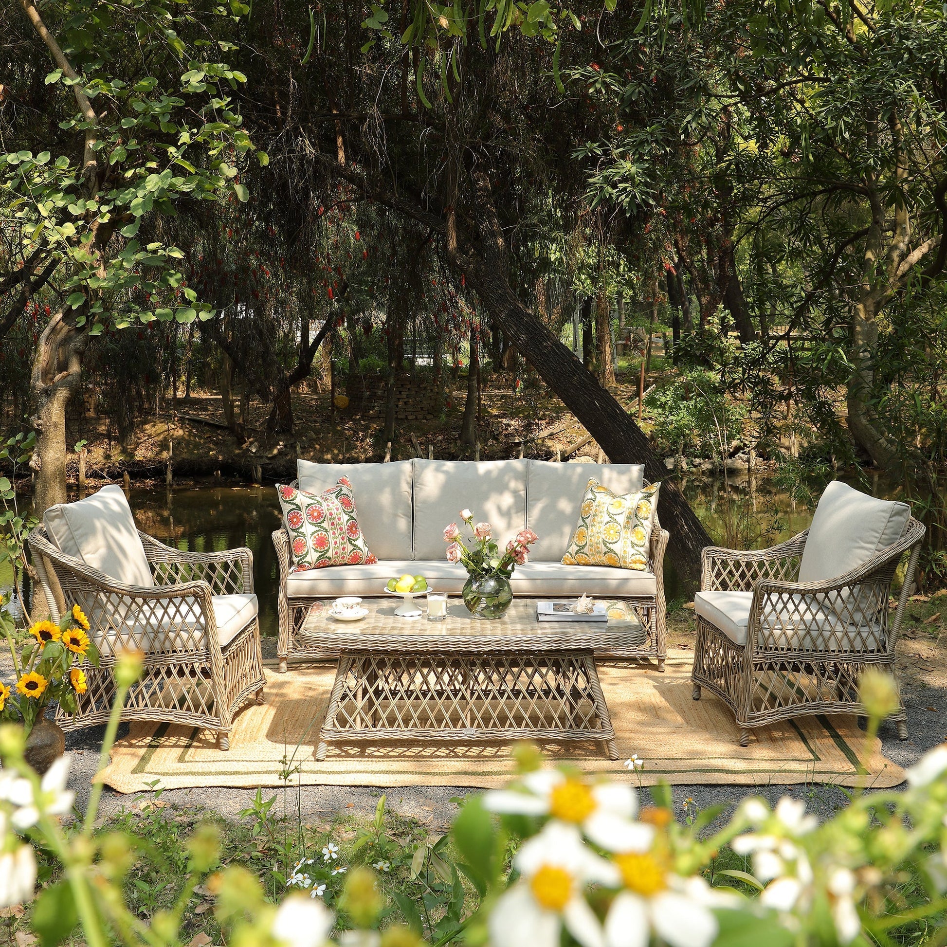 Willowbrook Lattice Weave Rattan 5-Seater Outdoor Sofa Set with Rising Table, Natural