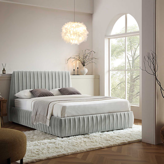 Helia Pleated Ottoman Bed with Storage, Silver Grey Velvet