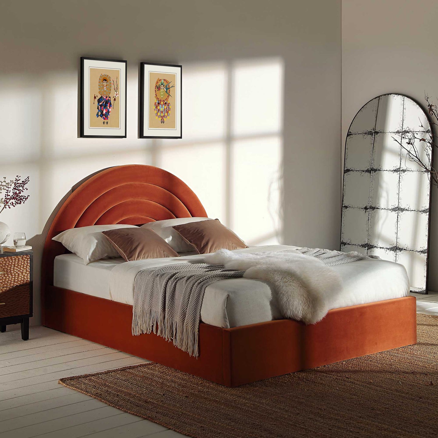 Archer Rust Velvet Ottoman Bed with Storage