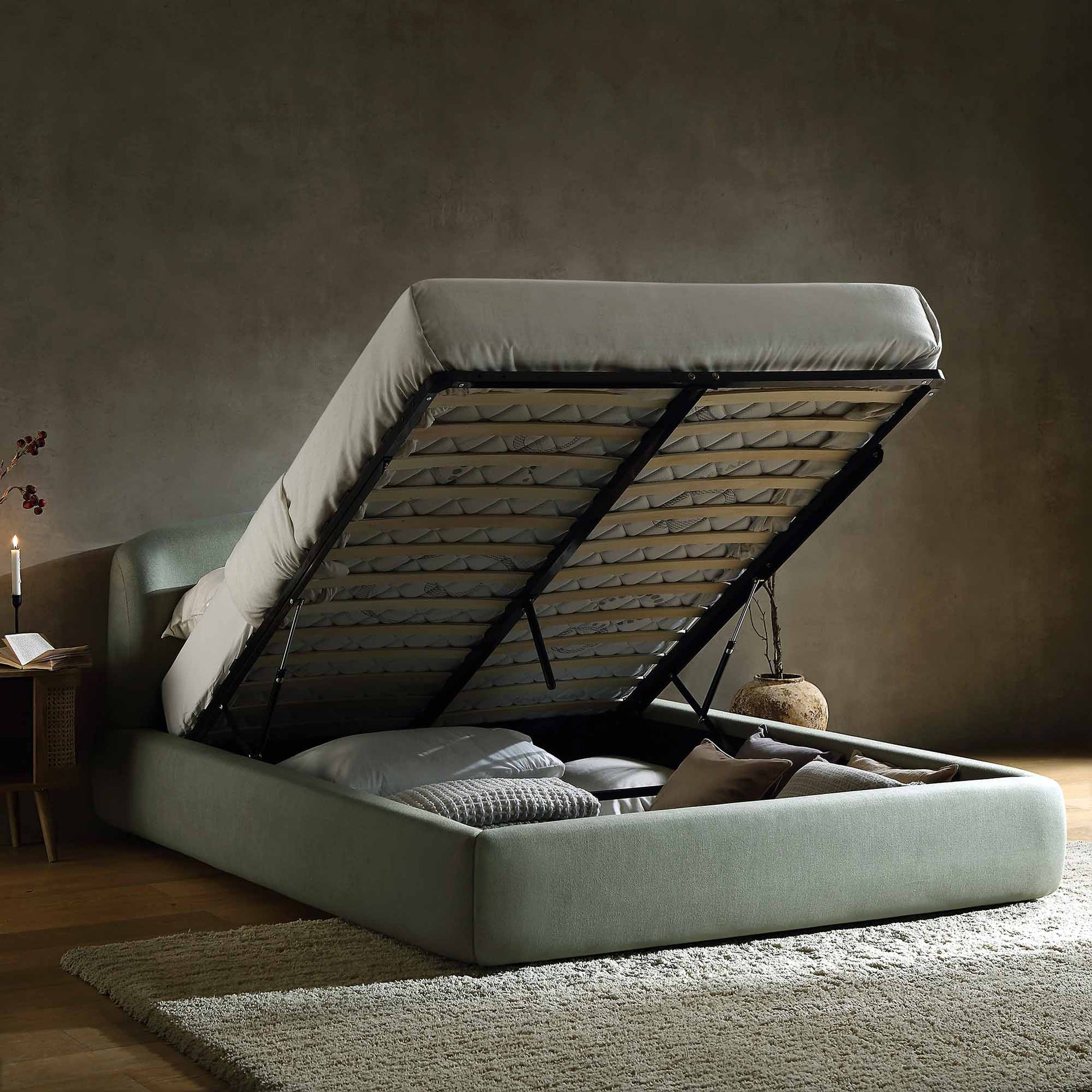 Constance Winged Headboard Ottoman Bed with Storage, Olive Linen