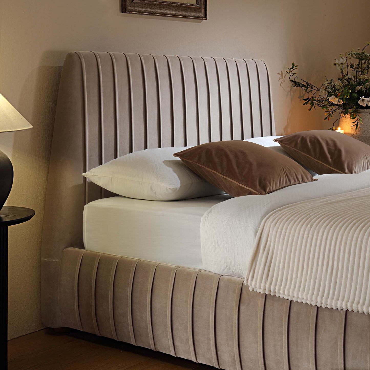 Helia Pleated Ottoman Bed with Storage, Taupe Velvet
