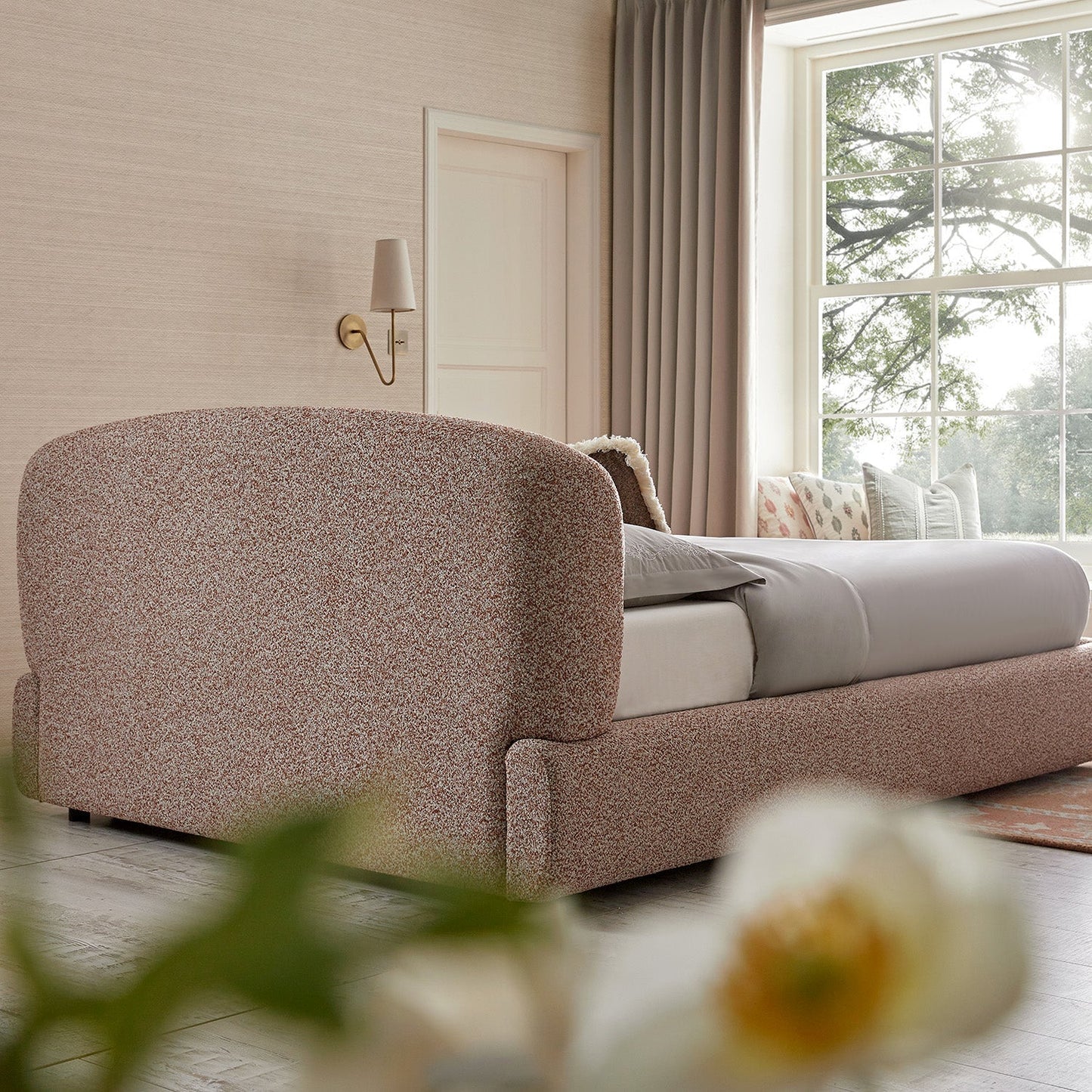 Constance Winged Headboard Ottoman Bed with Storage, Musk Blush Boucle