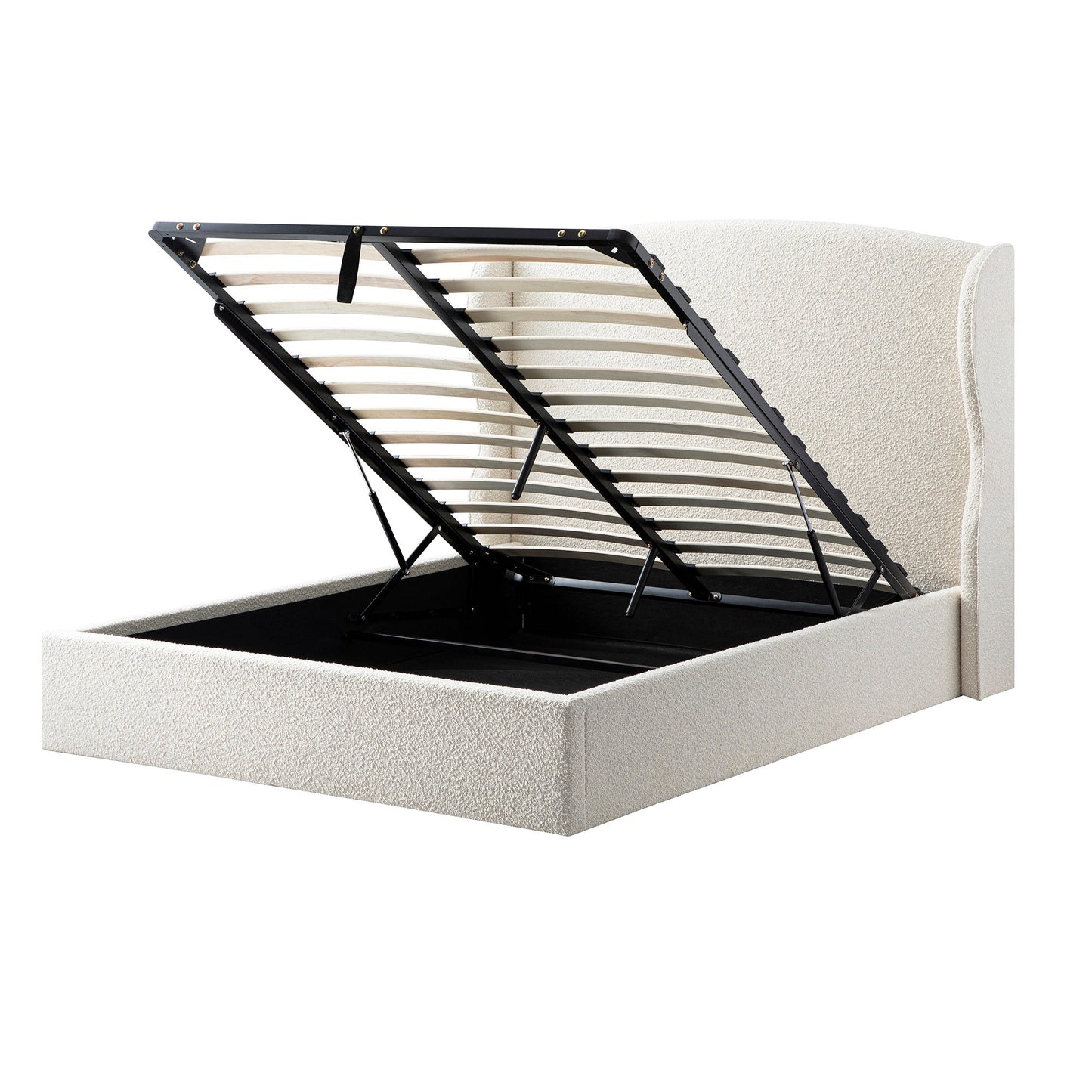 Kimberly Winged Upholstered Bed with Storage, Ecru Boucle