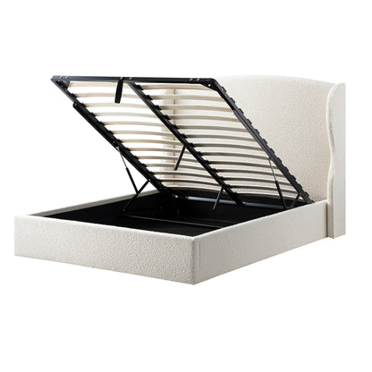 Kimberly Winged Upholstered Bed with Storage, Ecru Boucle