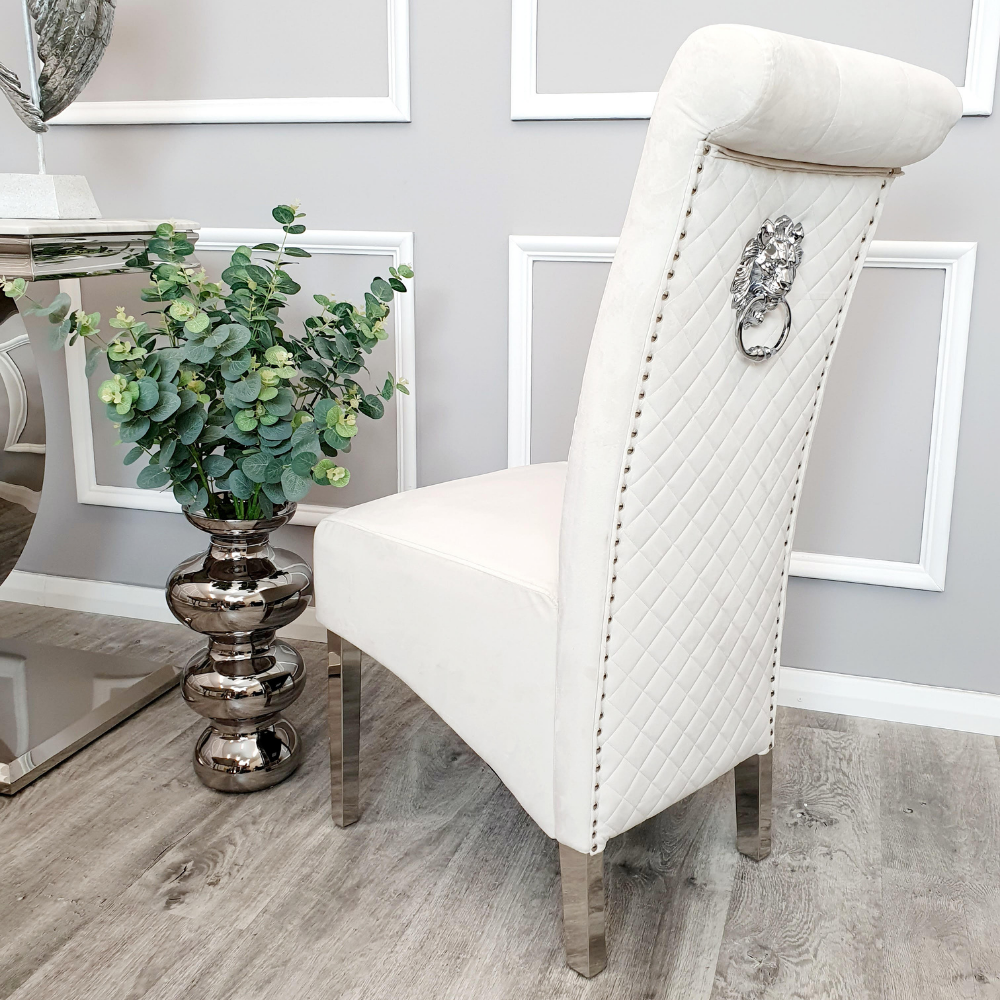 EMMA Dinning Chair – Quilted Back, Scroll Top & Chrome Lion Knocker