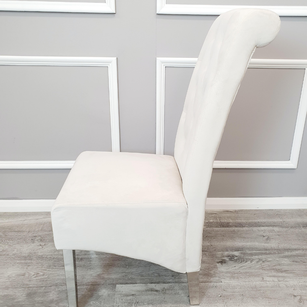 EMMA Dinning Chair – Quilted Back, Scroll Top & Chrome Lion Knocker