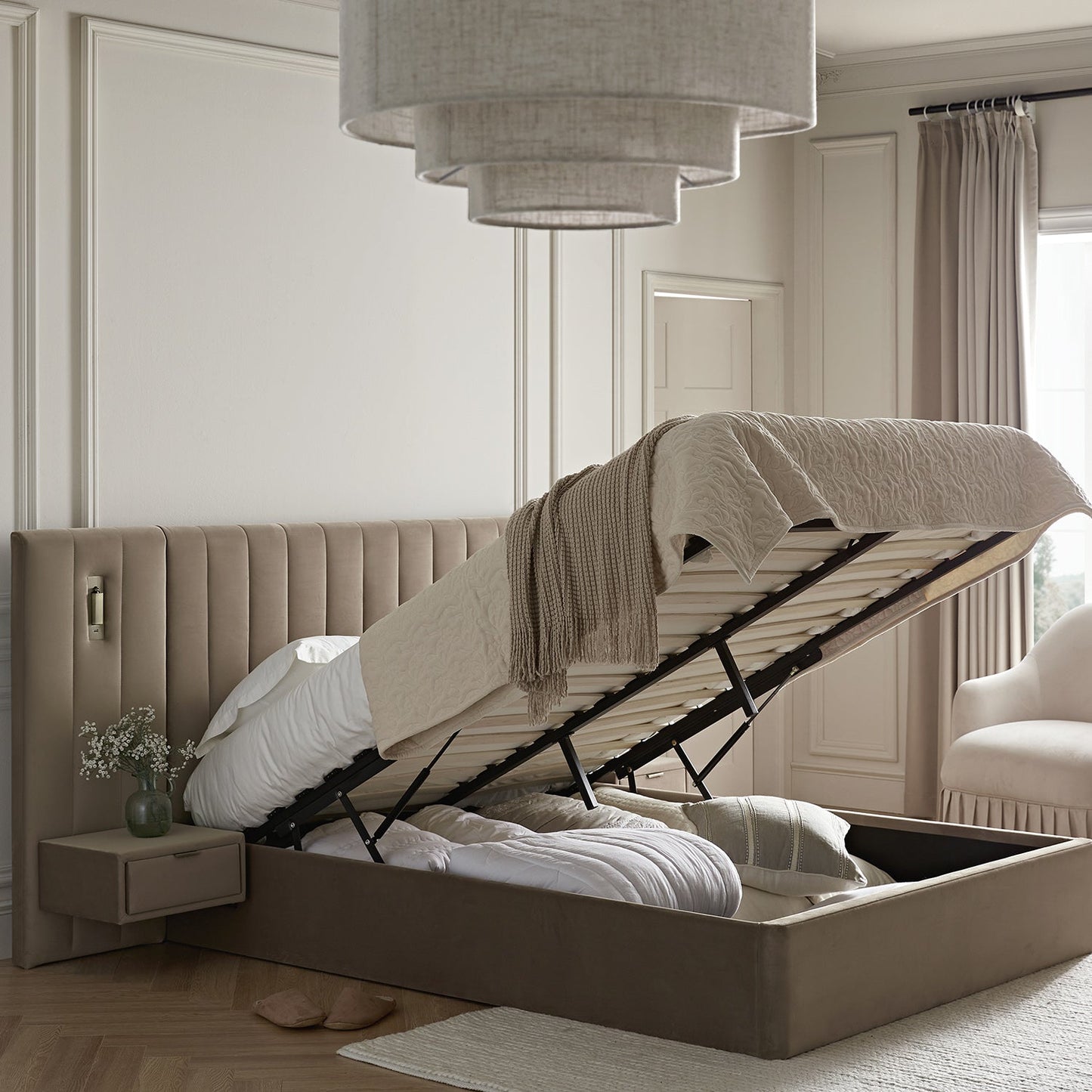 Tremezzo Oversized Ottoman Bed with Storage, Taupe Velvet