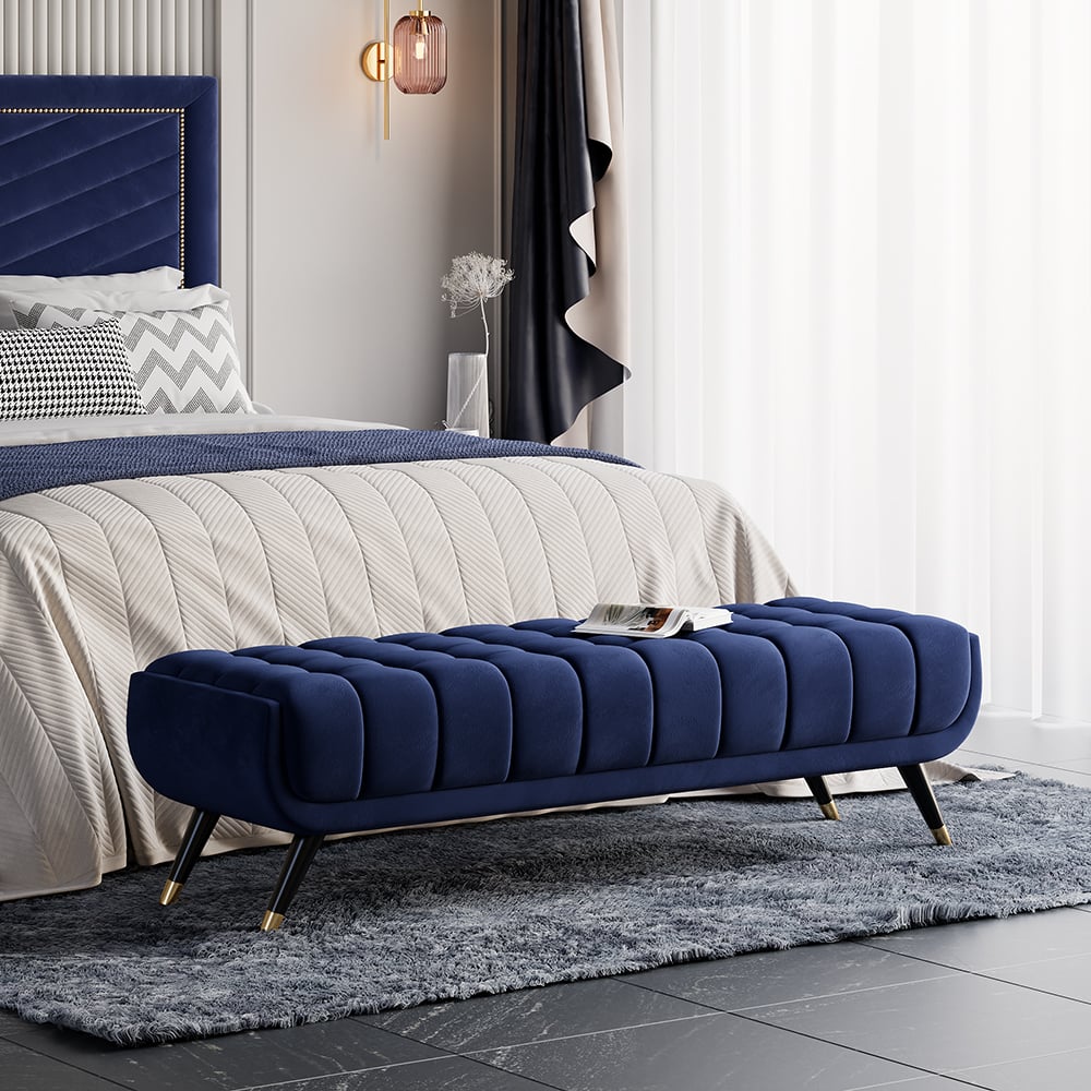 Enoak Modern Blue Bedroom Bench Velvet Upholstery Wooden Legs – view 2