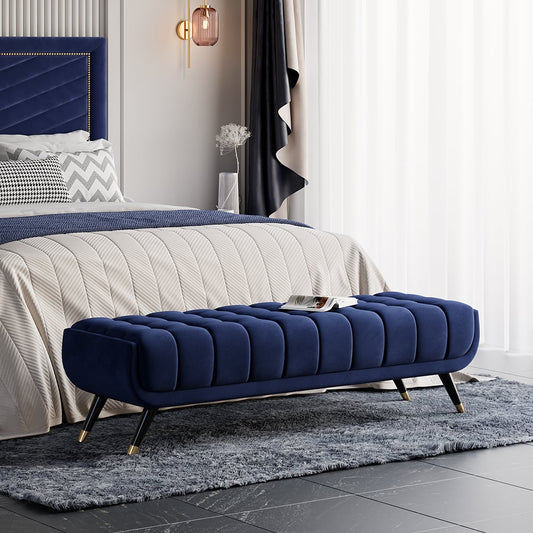 Enoak Modern Blue Bedroom Bench Velvet Upholstery Wooden Legs – view 2