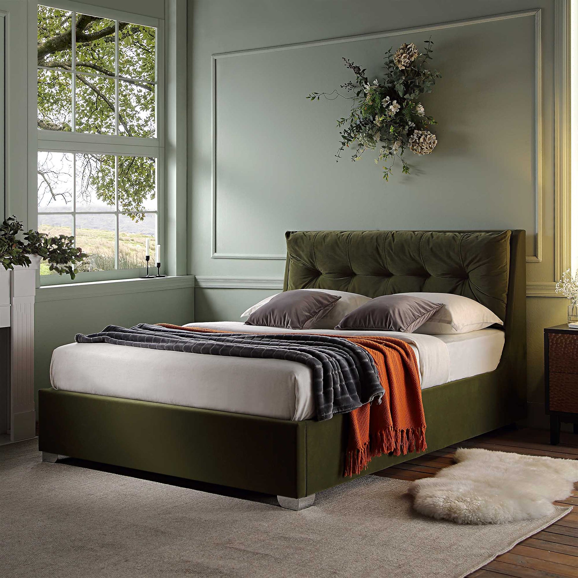 Hadley Moss Green Velvet Ottoman Bed with Storage
