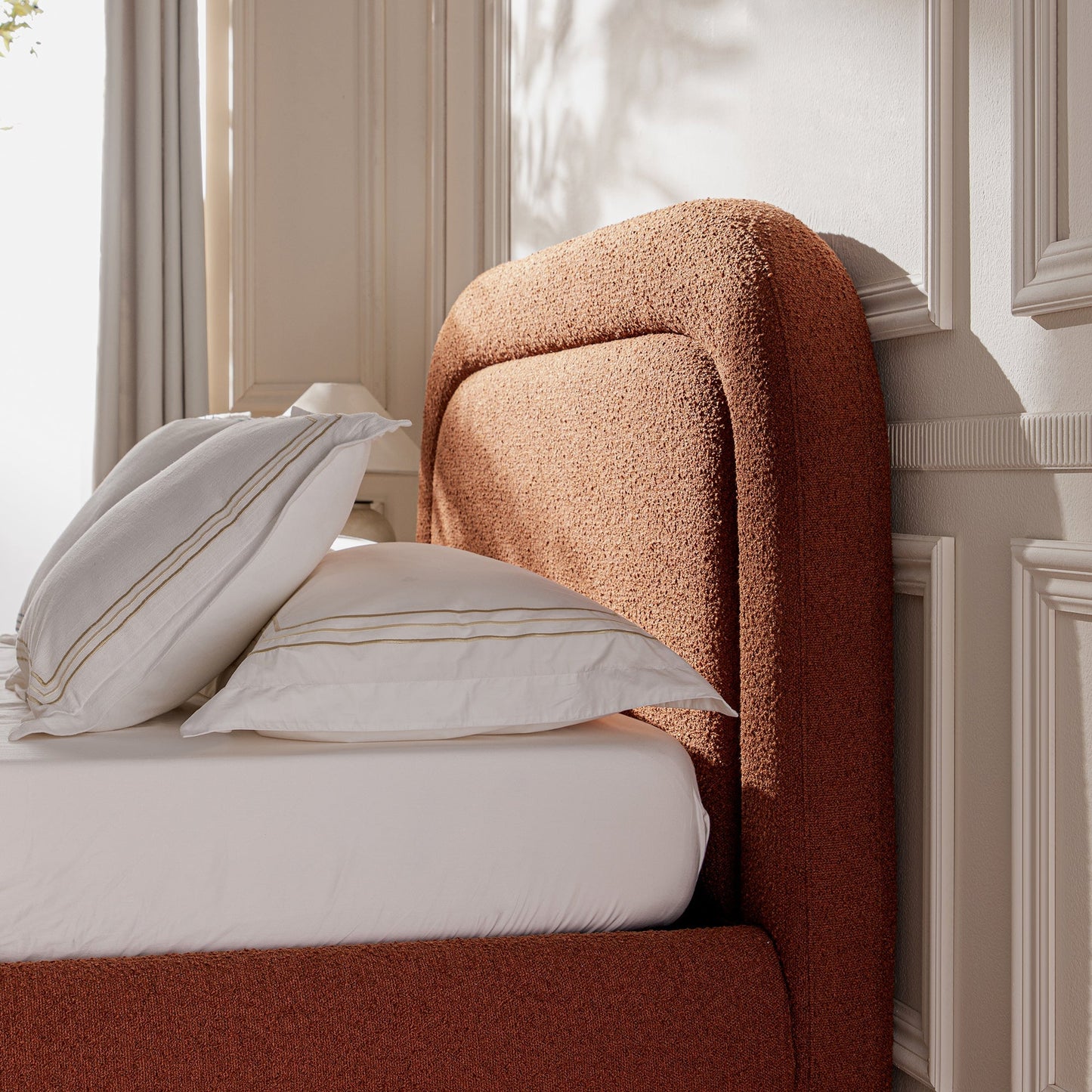 Luella Upholstered Wooden Plinth Base Bed with Storage, Rust Boucle