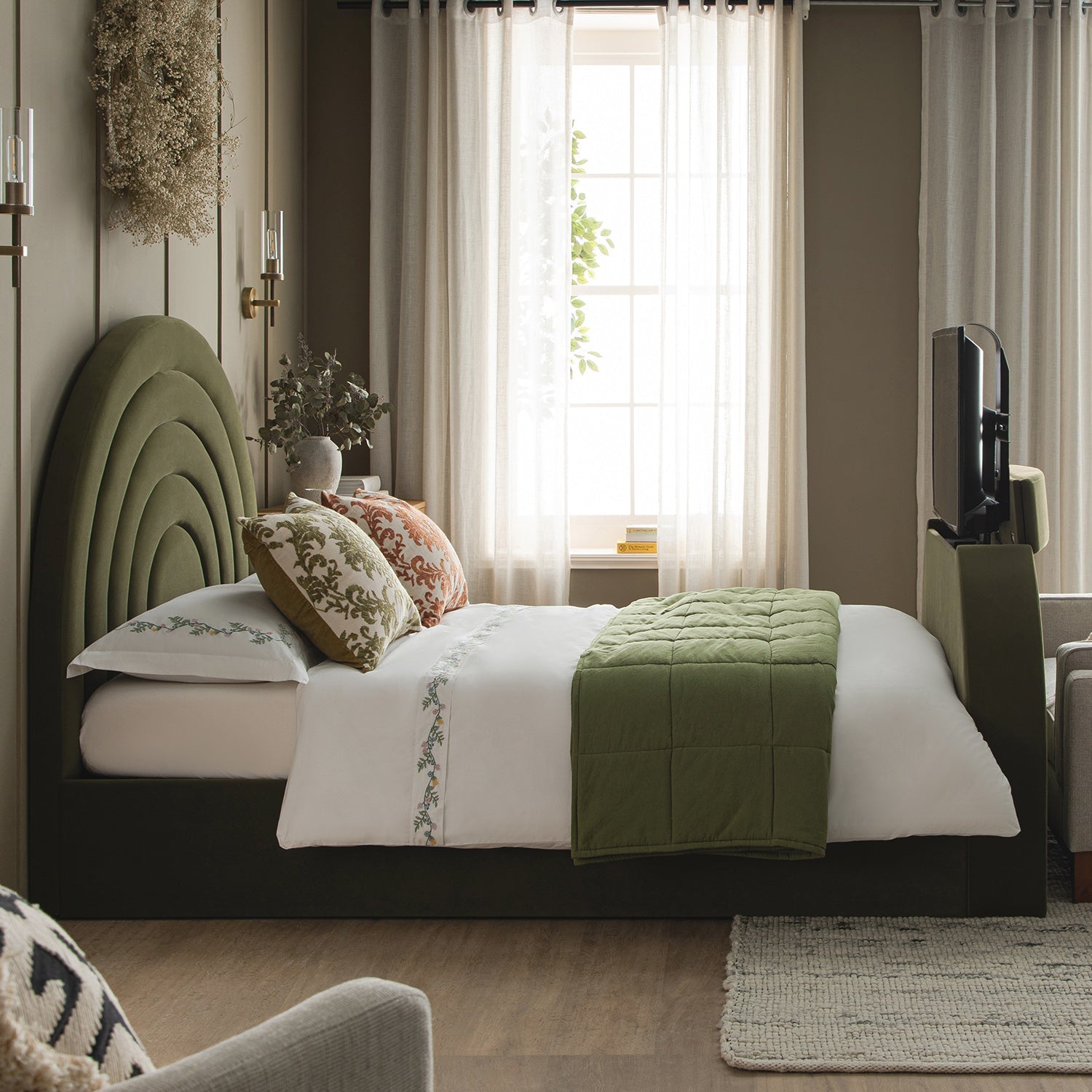Archer Moss Green Velvet TV Bed with Ottoman Storage