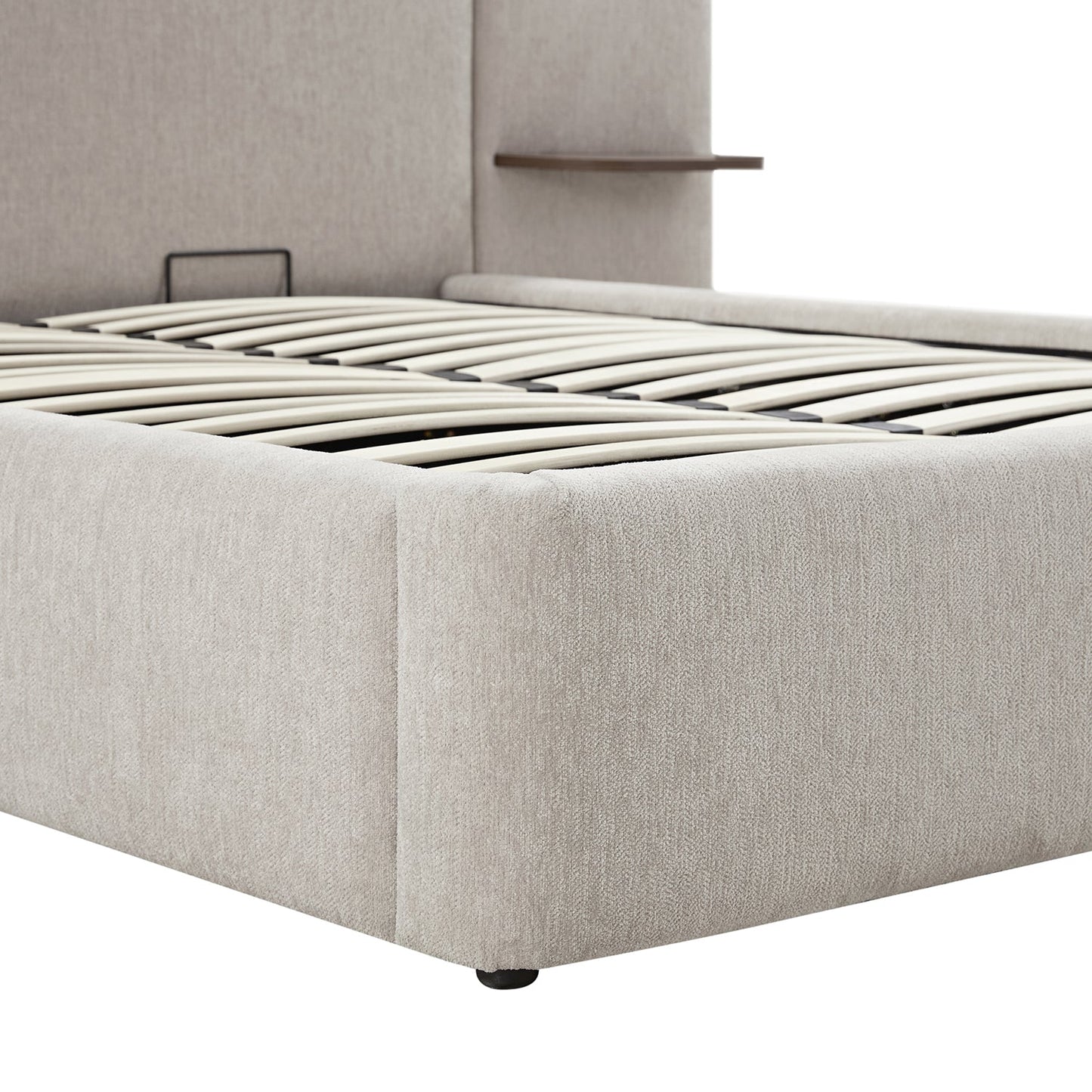 Della Extended Headboard Bed with Storage, Soft Beige Chenille