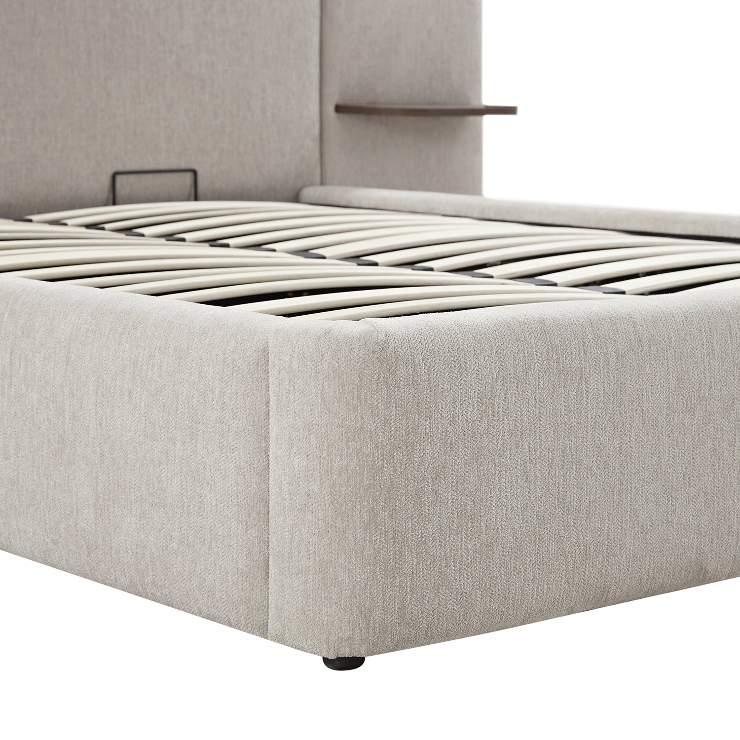 Della Extended Headboard Bed with Storage, Soft Beige Chenille