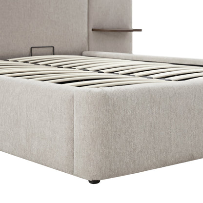 Della Extended Headboard Bed with Storage, Soft Beige Chenille